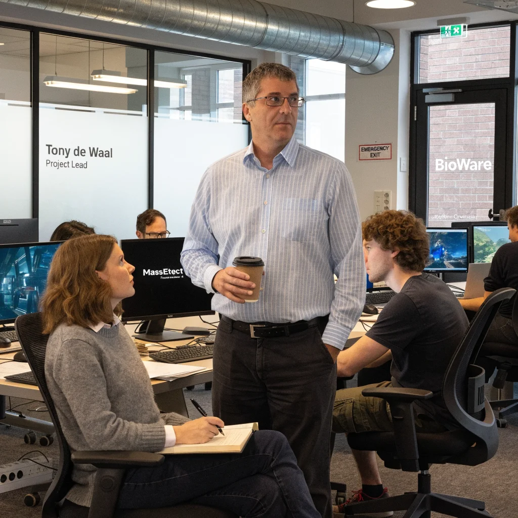 A behind-the-scenes photo of the Mass Effect 4 development team led by Tony de Waal at BioWare, showcasing RPG design with Frostbite engine and cinematic production.
