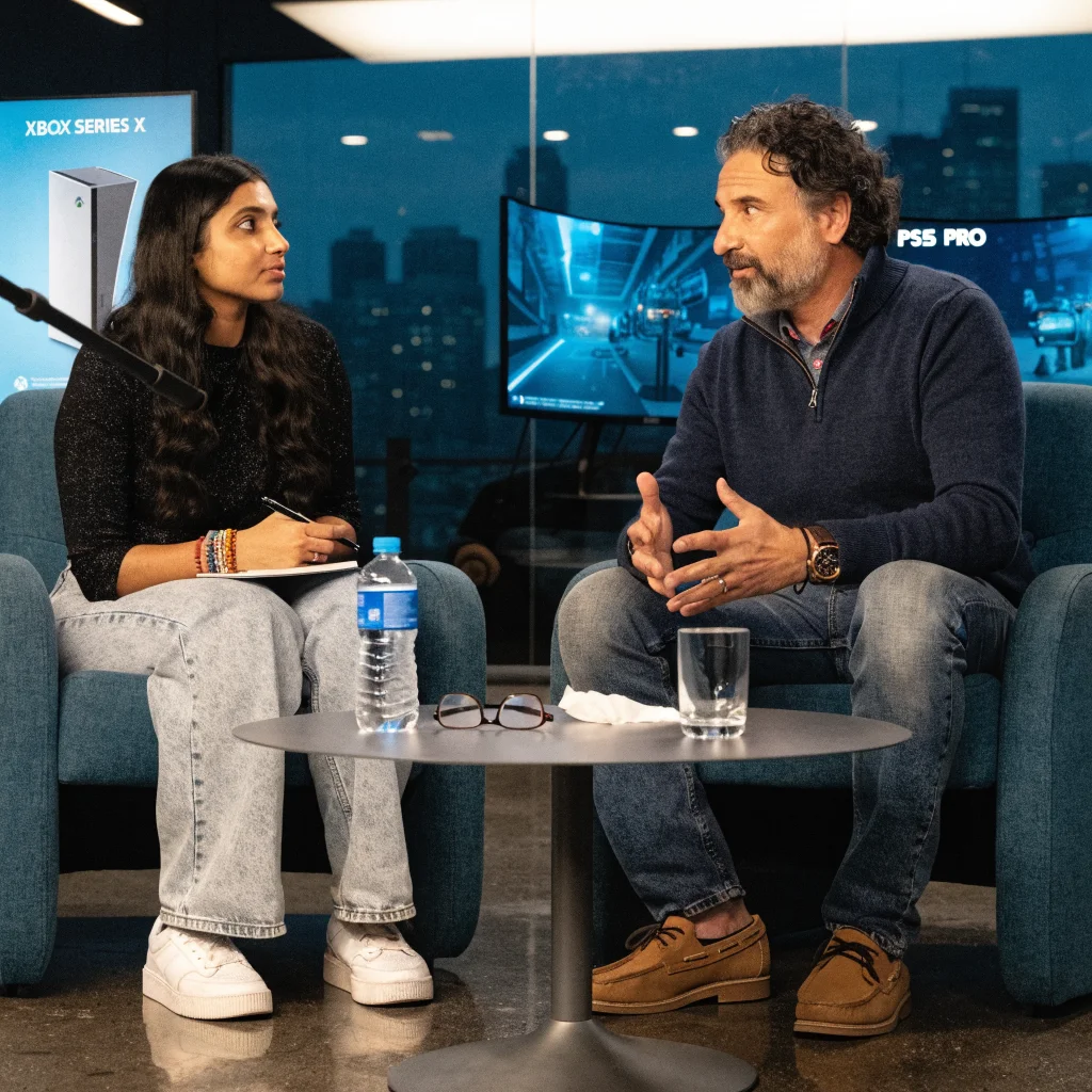Mike Ybarra discussing Xbox Series X and PS5 Pro console pricing and technology with Asha Sharma in a modern gaming studio setting.